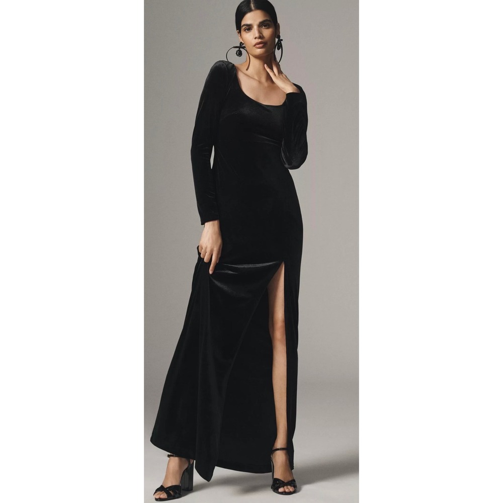 BHLDN Velvet Long Sleeve Maxi Dress Dark Green Size Large Womens Gown New